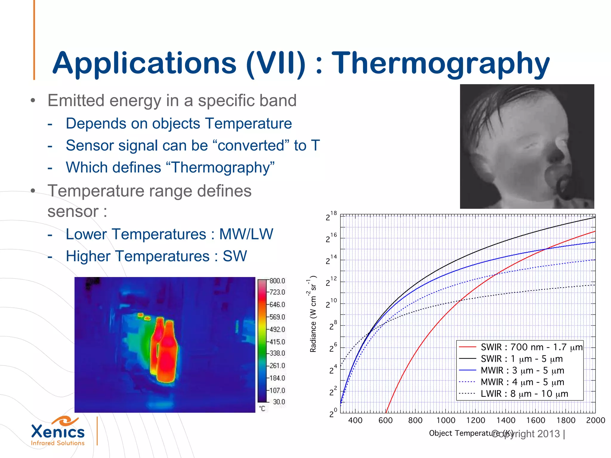 Applications (VII) : Thermography
• Emitted energy in a specific band
- Depends on objects Temperature
- Sensor signal can be “converted” to T
- Which defines “Thermography”
• Temperature range defines
sensor :
- Lower Temperatures : MW/LW
- Higher Temperatures : SW
Copyright 2013 |
 