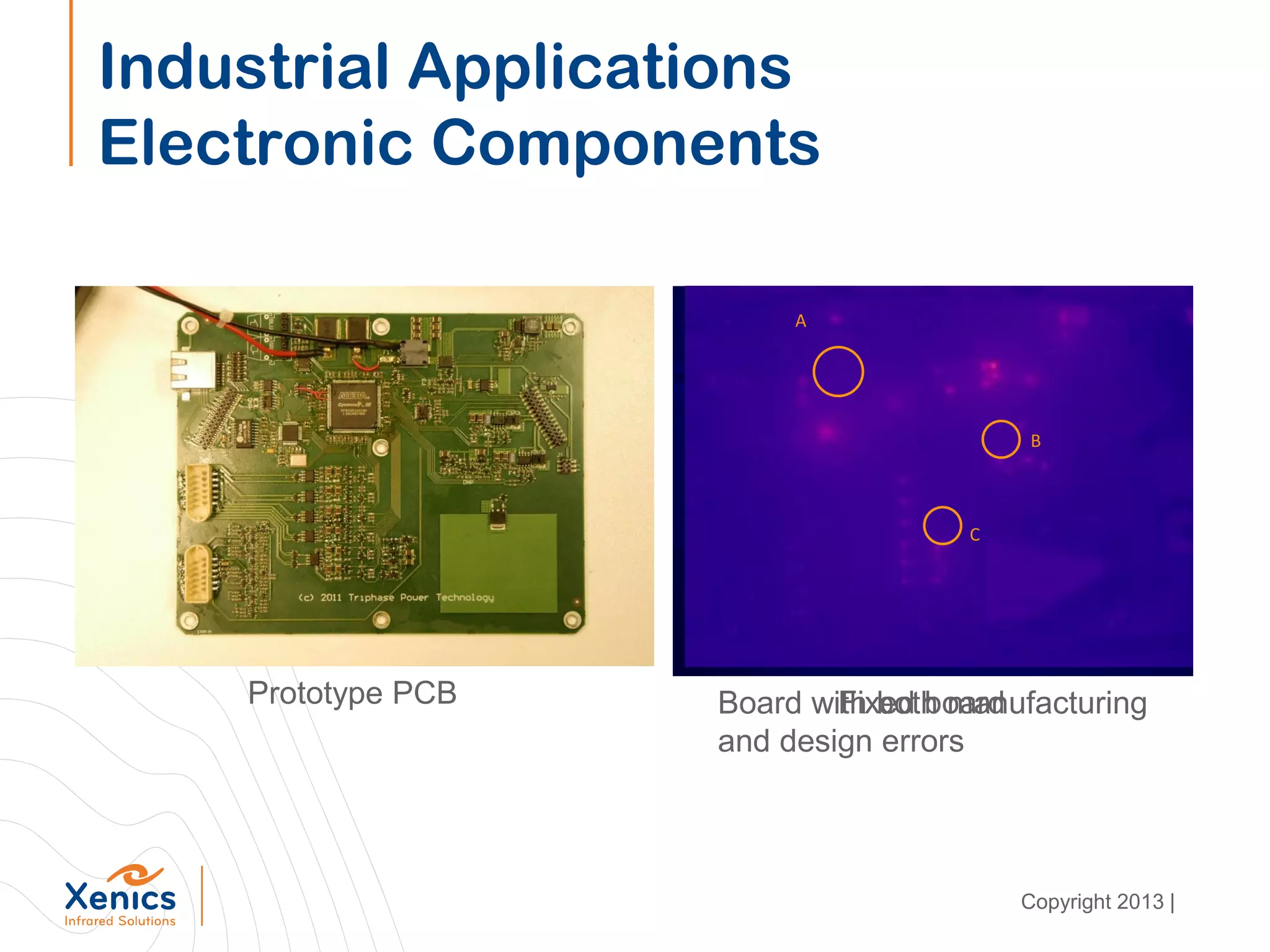 Industrial Applications
Electronic Components
Prototype PCB Board with both manufacturing
and design errors
B
C
A
Fixed board
A
B
C
Copyright 2013 |
 