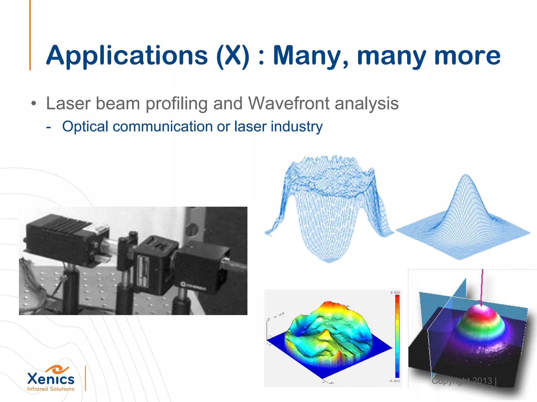 Applications (X) : Many, many more
• Laser beam profiling and Wavefront analysis
- Optical communication or laser industry
Copyright 2013 |
 