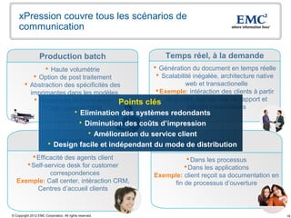 xPression couvre tous les scénarios de
    communication


                  Production batch                              Temps réel, à la demande
                Haute volumétrie                           Génération du document en temps réelle
            Option de post traitement                       Scalabilité inégalée, architecture native
         Abstraction des spécificités des                             web et transactionelle
          imprimantes dans les modèles                       Exemple: intéraction des clients à partir
            Watermark et marqueurs Points               clés du portail, self-service de rapport et
               Code barre et OMR                                       relevés personalisés
                                 Elimination des systèmes redondants
                                   Diminution des coûts d’impression
                                      Amélioration du service client
                          Interactive                                 Intégré
                         Design facile et indépendant du mode de distribution
         Efficacité des agents client                                Dans les processus
       Self-service desk for customer                               Dans les applications
               correspondences                             Exemple: client reçoit sa documentation en
   Exemple: Call center, intéraction CRM,                       fin de processus d’ouverture
          Centres d’accueil clients



© Copyright 2012 EMC Corporation. All rights reserved.                                                    16
 