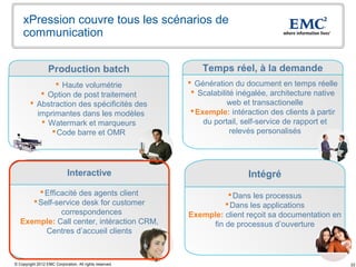 xPression couvre tous les scénarios de
    communication


                  Production batch                           Temps réel, à la demande
                Haute volumétrie                         Génération du document en temps réelle
            Option de post traitement                     Scalabilité inégalée, architecture native
         Abstraction des spécificités des                           web et transactionelle
          imprimantes dans les modèles                     Exemple: intéraction des clients à partir
            Watermark et marqueurs                           du portail, self-service de rapport et
               Code barre et OMR                                     relevés personalisés




                             Interactive                                  Intégré
         Efficacité des agents client                              Dans les processus
       Self-service desk for customer                             Dans les applications
               correspondences                           Exemple: client reçoit sa documentation en
   Exemple: Call center, intéraction CRM,                     fin de processus d’ouverture
          Centres d’accueil clients



© Copyright 2012 EMC Corporation. All rights reserved.                                                  22
 