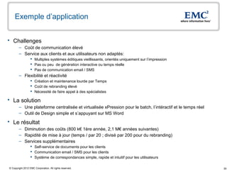 Exemple d’application


 Challenges
        – Coût de communication élevé
        – Service aux clients et aux utilisateurs non adaptés:
                   Multiples systèmes éditiques vieillissants, orientés uniquement sur l’impression
                   Pas ou peu de génération interactive ou temps réelle
                   Pas de communication email / SMS
        – Flexibilité et réactivité
                   Création et maintenance lourde par Temps
                   Coût de rebranding élevé
                   Nécessité de faire appel à des spécialistes

 La solution
        – Une plateforme centralisée et virtualisée xPression pour le batch, l’intéractif et le temps réel
        – Outil de Design simple et s’appuyant sur MS Word

 Le résultat
        – Diminution des coûts (800 k€ 1ère année, 2,1 M€ années suivantes)
        – Rapidité de mise à jour (temps / par 20 ; divisé par 200 pour du rebranding)
        – Services supplémentaires
                   Self-service de documents pour les clients
                   Communication email / SMS pour les clients
                   Système de correspondances simple, rapide et intuitif pour les utilisateurs

© Copyright 2012 EMC Corporation. All rights reserved.                                                       30
 