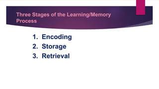 Three Stages of the Learning/Memory
Process
1. Encoding
2. Storage
3. Retrieval
 