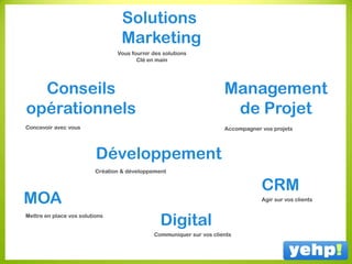 Solutions
Marketing
Management
de Projet
CRM
Conseils
opérationnels
Vous fournir des solutions
Clé en main
Concevoir avec vous Accompagner vos projets
Agir sur vos clients
Développement
Création & développement
MOA
Mettre en place vos solutions
Digital
Communiquer sur vos clients
 