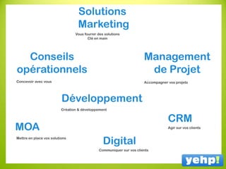 Solutions
Marketing
Management
de Projet
CRM
Conseils
opérationnels
Vous fournir des solutions
Clé en main
Concevoir avec vous Accompagner vos projets
Agir sur vos clients
Développement
Création & développement
MOA
Mettre en place vos solutions
Digital
Communiquer sur vos clients
 