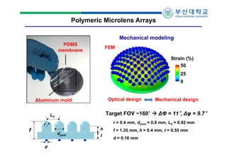 Polymeric Microlens Arrays
Mechanical modeling
PDMS
membrane

FEM
Strain (%)
50
25
0

Optical design

Aluminum mold

Target FOV ~160°  ∆Φ = 11°, ∆φ = 9.7°

L0

r = 0.4 mm, dpost = 0.8 mm, L0 = 0.92 mm

r

f

dpost
d

Mechanical design

h
t

f = 1.35 mm, h = 0.4 mm, t = 0.55 mm
d = 0.16 mm

 