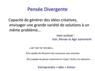 Capacité de générer des idées créatives,
envisager une grande variété de solutions à un
même problème…
Pensée Divergente
mais surtout :
Voir, Penser et Agir autrement
Être capable de découvrir des ressources sous-évaluées
Être capable de penser autrement le risque; l’échec; les obstacles …
« GET OUT OF THE BOX »
Entreprendre = Idée + Action
 