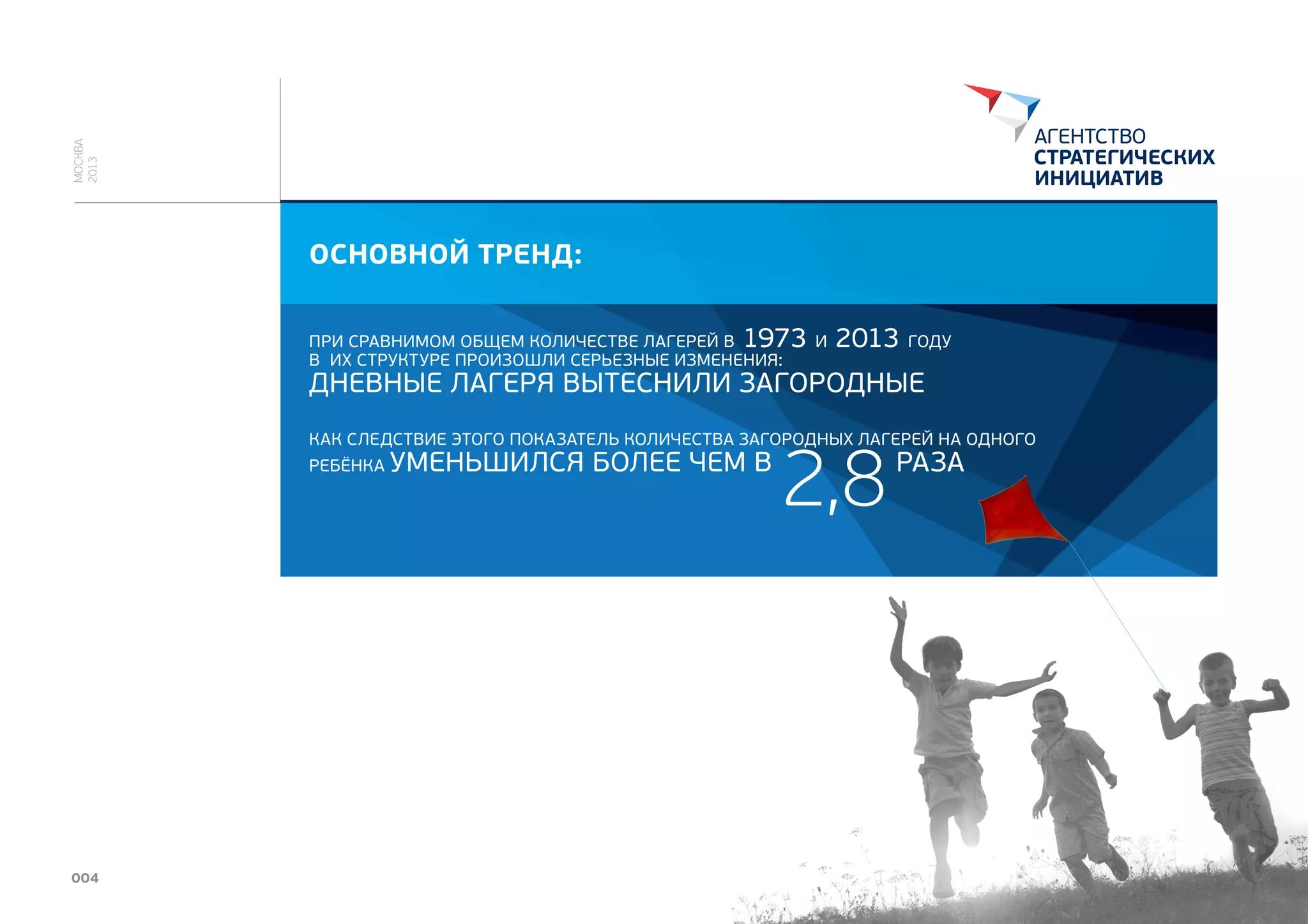 МОСКВА
2013

ОСНОВНОЙ ТРЕНД:
 1973 И 2013 ГОДУ

ПРИ СРАВНИМОМ ОБЩЕМ КОЛИЧЕСТВЕ ЛАГЕРЕЙ В
В  ИХ СТРУКТУРЕ ПРОИЗОШЛИ СЕРЬЕЗНЫЕ ИЗМЕНЕНИЯ:

ДНЕВНЫЕ ЛАГЕРЯ ВЫТЕСНИЛИ ЗАГОРОДНЫЕ
КАК СЛЕДСТВИЕ ЭТОГО ПОКАЗАТЕЛЬ КОЛИЧЕСТВА ЗАГОРОДНЫХ ЛАГЕРЕЙ НА ОДНОГО
РЕБЁНКА

004

УМЕНЬШИЛСЯ БОЛЕЕ ЧЕМ В 

2,8

 РАЗА

 