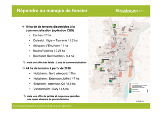 4
Concertation préalable à la création de la Z.A.C de Fegersheim
Répondre au manque de foncier
10 ha de de terrains disponibles à la
commercialisation (opération CUS)
• Eschau / 7 ha
• Ostwald : Vigie + Tannerie / 1.2 ha
• Aéroparc d’Entzheim / 1 ha
• Neuhof Védrine / 0.28 ha
• Reichstett Rammelplatz / 0.4 ha
44 ha de terrains à partir de 2016
• Holtzheim : Nord aéroport / 17ha
• Holtzheim : Extension Joffre / 17 ha
• Entzheim : extension QII / 5.5 ha
• Vendenheim : Sury / 3.5 ha
mais une offre très faible : 2 ans de commercialisation
mais une offre de petites et moyennes parcelles
une quasi absence de grands terrains
© CUS-PU
 