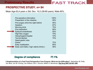 Degree of compliance   77.1%   63% (*)Implementation of a Fast-Track Perioperative Care Program: What Are the Difficulties?  . Sebastiaan W. Polle, Jan Wind, Jan W. Fuhring, Jan Hofland, Dirk J. Gouma, Willem A. Bemelman.   Dig Surg 2007;24:441–449 Mean Age 63,4 years  ± Std. Dev. 10,2 (38-89 years). Male 60%. Preliminary Results PROSPECTIVE STUDY. n= 84  Pre-operative information    100% 87% Preparation of the intestine 95%   100% Pre-surgery drink the night before   95% 83% Sedation 87%  40% Morning drink  75% 30% Pre-medication 80% 70% Epidural anaesthesia 50% 71% High flow oxygen 70% 67% Oesophageal Doppler 72% Termal blanket 75%   100% Nasal gastric tube 72% Drains 72% Early mobilization 80% 40% Early oral intake ( high calorie drinks ) 56% 13% 