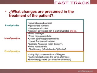 Pre-Operative Intra-Operative Post-Operative ¿What changes are presumed in the treatment of the patient?: Information and consent Appropriate Nutrition Non prepared colon Intake of Beverages rich in Carbohydrates  pre-op . Avoid drainages Avoid naso-gastric tube Use of laparoscopic techniques Use of Transversal Incision Epidural  Anastesia (open Surgery). Avoid Hypothermia Fluid therapy (“Goal-directed”).CardioQ Using high concentracions of Oxygen Early mobilization (on the same afternoon) Early energy intake (on the same afternoon) 