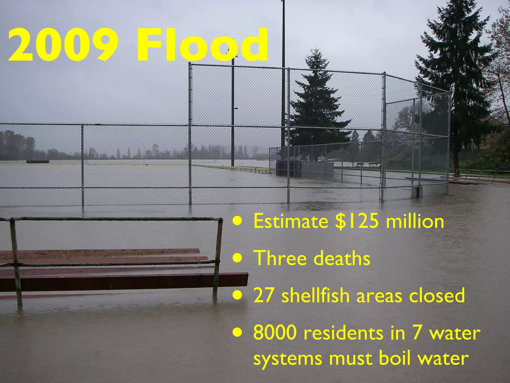 2009 Flood Estimate $125 million Three deaths 27 shellfish areas closed 8000 residents in 7 water systems must boil water 