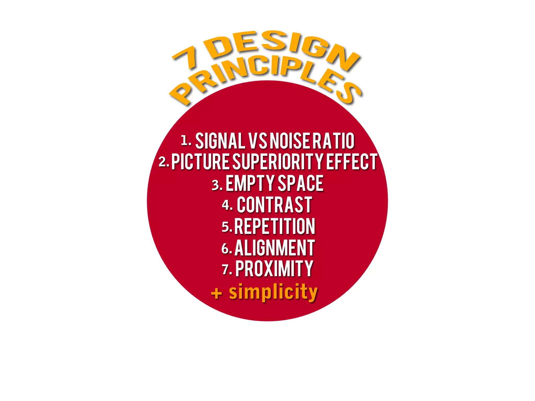 1. Signal vs noise ratio
2. Picture superiority effect
       3. Empty space
         4. Contrast
        5. Repetition
        6. Alignment
        7. proximity
      + simplicity
 