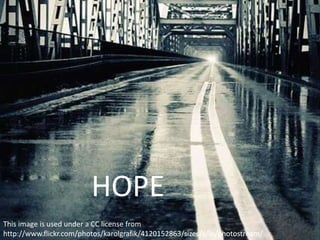 HOPE
This image is used under a CC license from
http://www.flickr.com/photos/karolgrafik/4120152863/sizes/z/in/photostream/
 