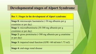Developmental stages of Alport Syndrome
Box 1 | Stages in the development of Alport syndrome
Stage 0: microscopic haematuria (<30 mg albumin per g
creatinine or per day)
Stage 1: microalbuminuria (30-300 mg albumin per g
creatinine or per day)
Stage 2: gross proteinuria (>300 mg albumin per g creatinine
or per day)
Stage 3: impaired renal function (GFR <60 ml/min/1.73 m2)
Stage 4: end-stage renal disease
 