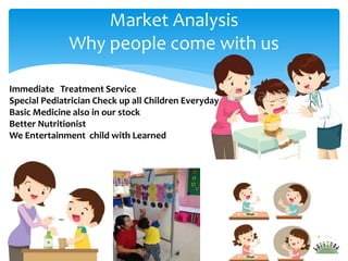 Market Analysis
Why people come with us
Immediate Treatment Service
Special Pediatrician Check up all Children Everyday
Basic Medicine also in our stock
Better Nutritionist
We Entertainment child with Learned
 
