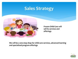Sales Strategy
Frozen Child Care will
sell its services and
offerings
We will be a one-stop shop for child care services, advanced learning
and specialized program offerings
 