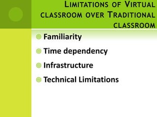 L IMITATIONS OF V IRTUAL
 CLASSROOM OVER T RADITIONAL
                     CLASSROOM
 Familiarity

 Time dependency

 Infrastructure

 Technical Limitations
 