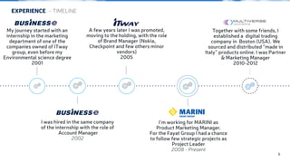 6 
EXPERIENCE - TIMELINE 
My journey started with an 
internship in the marketing 
department of one of the 
companies owned of ITway 
group, even before my 
Environmental science degree 
2001 
   
I was hired in the same company 
of the internship with the role of 
Account Manager 
2002 
A few years later I was promoted, 
moving to the holding, with the role 
of Brand Manager (Nokia, 
Checkpoint and few others minor 
vendors) 
2005 
Together with some friends, I 
established a digital trading 
company in Boston (USA). We 
sourced and distributed “made in 
Italy” products online. I was Partner 
& Marketing Manager 
2010-2012 
  
I’m working for MARINI as 
Product Marketing Manager. 
For the Fayat Group I had a chance 
to follow few strategic projects as 
Project Leader 
2008 - Present 
 