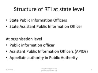 Structure of RTI at state level
• State Public Information Officers
• State Assistant Public Information Officer
At organisation level
• Public information officer
• Assistant Public Information Officers (APIOs)
• Appellate authority in Public Authority
8/31/2015 5
sanjaydessai@gmail.com
presentation on RTI Act
 