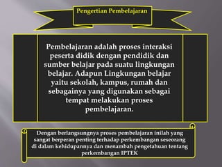 Pembelajaran adalah proses interaksi
peserta didik dengan pendidik dan
sumber belajar pada suatu lingkungan
belajar. Adapun Lingkungan belajar
yaitu sekolah, kampus, rumah dan
sebagainya yang digunakan sebagai
tempat melakukan proses
pembelajaran.
Pengertian Pembelajaran
Dengan berlangsungnya proses pembelajaran inilah yang
sangat berperan penting terhadap perkembangan seseorang
di dalam kehidupannya dan menambah pengetahuan tentang
perkembangan IPTEK
 