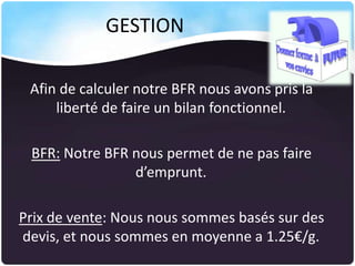 GESTION
Afin de calculer notre BFR nous avons pris la
liberté de faire un bilan fonctionnel.
BFR: Notre BFR nous permet de ne pas faire
d’emprunt.
Prix de vente: Nous nous sommes basés sur des
devis, et nous sommes en moyenne a 1.25€/g.

 