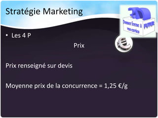 Stratégie Marketing
• Les 4 P
Prix

Prix renseigné sur devis
Moyenne prix de la concurrence = 1,25 €/g

 