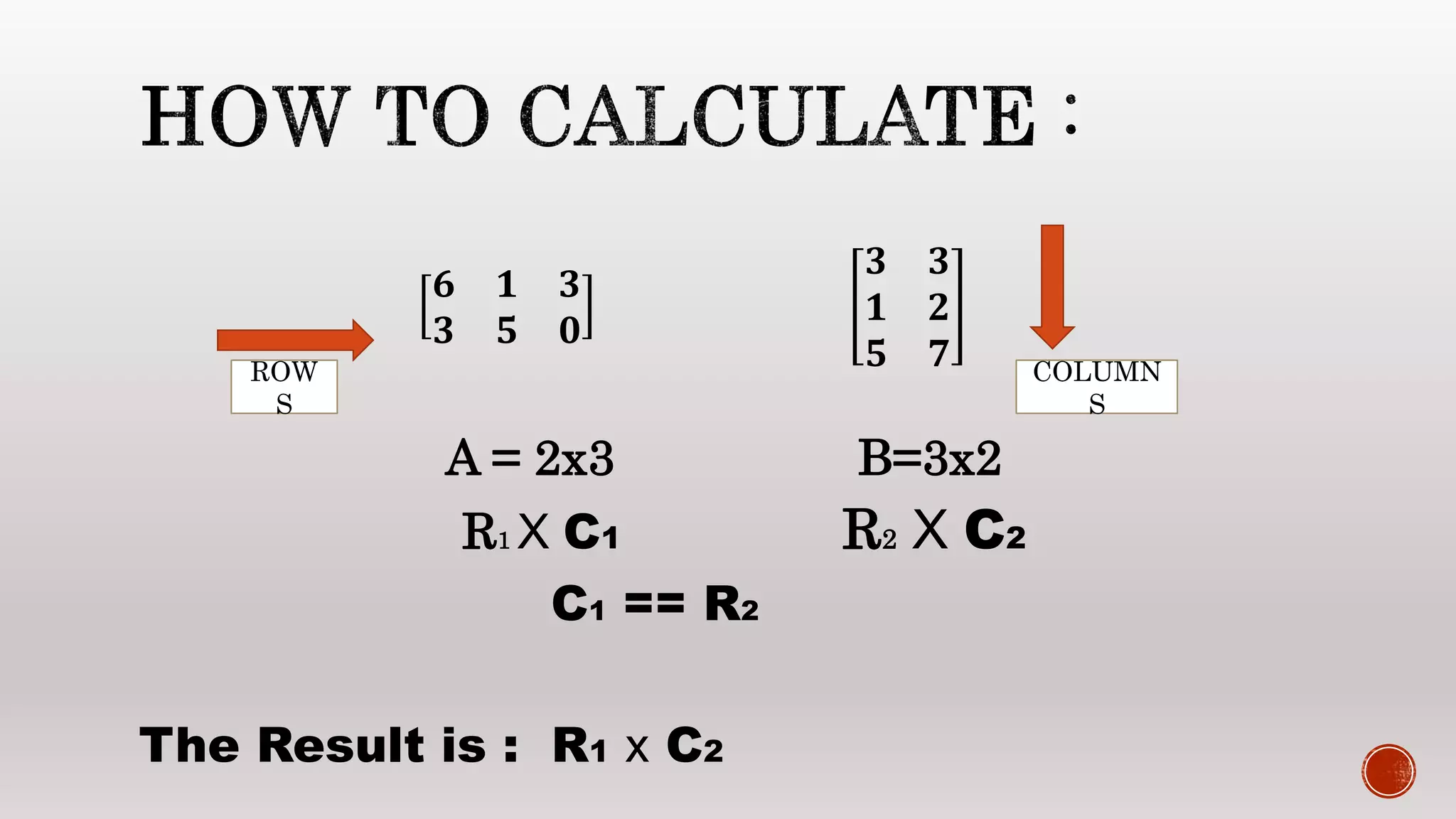 𝟔 𝟏 𝟑
𝟑 𝟓 𝟎
𝟑 𝟑
𝟏 𝟐
𝟓 𝟕
A = 2x3 B=3x2
R1 X C1 R2 X C2
C1 == R2
The Result is : R1 x C2
ROW
S
COLUMN
S
 