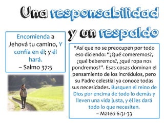Encomienda a
Jehová tu camino, Y
confía en él; y él
hará.
– Salmo 37:5
“Así que no se preocupen por todo
eso diciendo: “¿Qué comeremos?,
¿qué beberemos?, ¿qué ropa nos
pondremos?”. Esas cosas dominan el
pensamiento de los incrédulos, pero
su Padre celestial ya conoce todas
sus necesidades. Busquen el reino de
Dios por encima de todo lo demás y
lleven una vida justa, y él les dará
todo lo que necesiten.
– Mateo 6:31-33
 