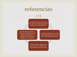 
Se deben incluir únicamente
los autores y obras que fueron
citadas a lo largo del texto
La lista de referencias se hace
con interlineado 2 pt cada una
debe tener sangría francesa
El listado debe organizarse
según el orden alfabético de
los apellidos de los autores
Para la referenciación de
números o volúmenes de
alguna publicación es
necesario usar números
arábigos y no romanos.
referencias
 