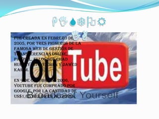 HISTORIAFue creada en febrero de 2005, por tres pioneros de la famosa web de gestión de transferencias online, PayPal. Ellos son Chad Hurley, Steve Chen y Jawed Karim. En 9 de Octubre de 2006, YouTube fue comprado por Google, por la cantidad de US$1,65 billón en acciones. 