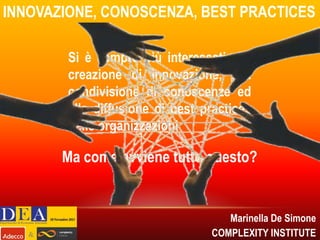 Queste reti spesso non sono
rappresentate su un diagramma
formale, tuttavia sono strettamente
interconnesse con le performance
dell’organizzazione, con il modo in
cui si sviluppa e si esegue una
strategia, con la capacità di fare
innovazione di un’impresa.

Marinella De Simone
COMPLEXITY INSTITUTE

 