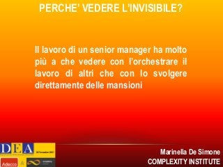 PERCHE’ VEDERE L’INVISIBILE?

Il lavoro di un senior manager ha molto
più a che vedere con l’orchestrare il
lavoro di altri che con lo svolgere
direttamente delle mansioni

Marinella De Simone
COMPLEXITY INSTITUTE

 
