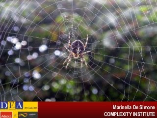 COSA VEDIAMO?
Persone alla periferia dell’organizzazione:
 Managers ai margini dell’organizzazione da reintegrare
nella rete sociale
 Senior managers esclusi dalle operazioni quotidiane che
hanno perso i contatti con quasi tutti gli altri managers
Parti della divisione completamente separate dalle altre:
 Perdita di contatti informativi/collaborazioni

Marinella De Simone
COMPLEXITY INSTITUTE

 