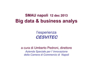 SMAU napoli 12 dec 2013

Big data & business analys
l’esperienza

CESVITEC
a cura di Umberto Pedroni, direttore
Azienda Speciale per l’ Innovazione
della Camera di Commercio di Napoli

 