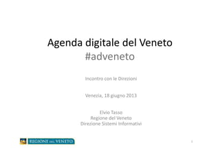Agenda digitale del Veneto
#adveneto
Incontro con le Direzioni
Venezia, 18 giugno 2013
Elvio Tasso
Regione del Veneto
Direzione Sistemi Informativi
1
 