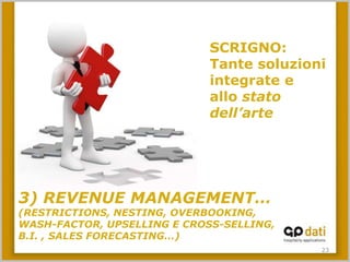 SCRIGNO:
                             Tante soluzioni
                             integrate e
                             allo stato
                             dell’arte




3) REVENUE MANAGEMENT…
(RESTRICTIONS, NESTING, OVERBOOKING,
WASH-FACTOR, UPSELLING E CROSS-SELLING,
B.I. , SALES FORECASTING…)
                                           23
 
