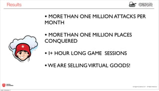 Results

                        • MORE THAN ONE MILLION ATTACKS PER
                        MONTH

                        • MORE THAN ONE MILLION PLACES
                        CONQUERED

                        • I+ HOUR LONG GAME SESSIONS
                        • WE ARE SELLING VIRTUAL GOODS!


lunedì 19 dicembre 11
 