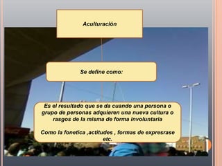 Aculturación




              Se define como:




 Es el resultado que se da cuando una persona o
grupo de personas adquieren una nueva cultura o
    rasgos de la misma de forma involuntaria

Como la fonetica ,actitudes , formas de expresrase
                        etc.
 