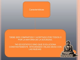 Características




*DEBE SER COMPARTIDO Y ACEPTADO POR TODOS O
        POR LA MAYORIA DE LA SOCIEDAD.

    *NO ES ESTATICO SINO QUE EVOLUCIONA
CONSTANTEMENTE INTEGRANDO VIEJAS IDEAS CON
                 LAS NUEVAS.
 