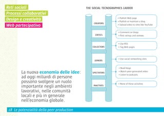 Reti sociali
Processi collaborativi
Design e creatività
Web partecipativo




         La nuova economia delle idee:
         ad oggi miliardi di persone
         possono svolgere un ruolo
         importante negli ambienti
         lavorativi, nelle comunità
         locali e più in generale
         nell’economia globale.
 18 Le potenzialità della peer production
 