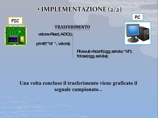 valore=Read_ADC();  printf("%f  ", valore); Ricevuti=fscanf(ogg_seriale,' %f'); fclose(ogg_seriale); Una volta concluso il trasferimento viene graficato il segnale campionato... PIC PC 