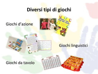 Diversi tipi di giochi

Giochi d’azione



                          Giochi linguistici


Giochi da tavolo
 