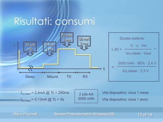 Risultati: consumi
                              70 mA
                               5 ms     50 mA                    Durata batterie:
                                         5 ms
i      10 uA       5 mA                                                  C ·  · Vin
        ≈Tc        1 ms                                    L [h] =                       =
                                                                       Icc,mean · Vout

                                                                2000 mAh · 80% · 2,4 V
                                                      t    =
                                                                     Icc,mean · 3,3 V
       Sleep        Misura        TX      RX



    Icc,mean = 2,4mA @ Tc = 250ms       2 pile AA    Vita dispositivo: circa 1 mese
    Icc,mean = 0,13mA @ Tc = 5s        2000 mAh      Vita dispositivo: circa 1 anno



Mario Piccinelli          Sensori Potenziometrici WirelessUSB                 12 of 14
 