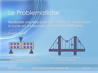 Le Problematiche
 Realizzare una rete di sensori adatta ad applicazioni
 in cui le reti tradizionali cablate sono inefficienti.

 Possibili esempi:




Analisi di elementi strutturali           Controllo in tempo reale di
  durante prove meccaniche                  strutture complesse


 Mario Piccinelli       Sensori Potenziometrici WirelessUSB             1 of 14
 