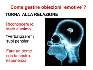 Come gestire obiezioni “emotive”?
TORNA ALLA RELAZIONE

Riconoscere lo
stato d’animo
“Verbalizzare” i
suoi pensieri

Fare un ponte
con la nostra
esperienza
 