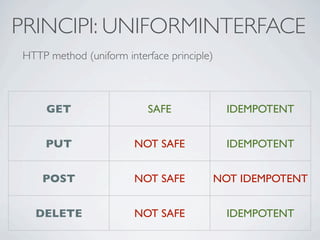 PRINCIPI: UNIFORMINTERFACE
HTTP method (uniform interface principle)



     GET                  SAFE                IDEMPOTENT


    PUT                 NOT SAFE              IDEMPOTENT


    POST                NOT SAFE            NOT IDEMPOTENT


  DELETE                NOT SAFE              IDEMPOTENT
 