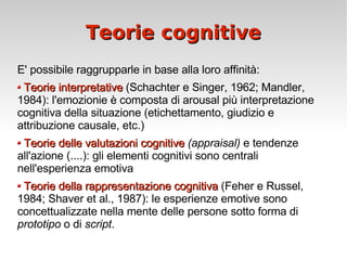 Teorie cognitive E' possibile raggrupparle in base alla loro affinità: Teorie interpretative  (Schachter e Singer, 1962; Mandler, 1984): l'emozionie è composta di arousal più interpretazione cognitiva della situazione (etichettamento, giudizio e attribuzione causale, etc.) Teorie delle valutazioni cognitive   (appraisal)  e tendenze all'azione (....): gli elementi cognitivi sono centrali nell'esperienza emotiva Teorie della rappresentazione cognitiva  (Feher e Russel, 1984; Shaver et al., 1987): le esperienze emotive sono concettualizzate nella mente delle persone sotto forma di  prototipo  o di  script . 