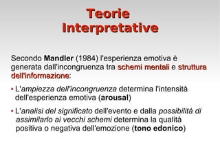 Teorie  Interpretative Secondo  Mandler  (1984) l'esperienza emotiva è generata dall'incongruenza tra  schemi mentali  e  struttura dell'informazione : L' ampiezza dell'incongruenza  determina l'intensità  dell'esperienza emotiva ( arousal )  L' analisi del significato  dell'evento e dalla  possibilità di  assimilarlo ai vecchi schemi  determina la qualità  positiva o negativa dell'emozione ( tono edonico ) 