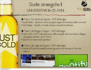 Scelte strategiche I
                            UNIVERSITARI 18-25 ANNI

                     ★ Fase 1: Da Aprile ad Agosto - 30% del budget
                     • Social Media - Spotted Corona (progetto legato al movimento delle università)
                     • Adv Display - Spotify e Canale tematico musicale brandizzato
                     ★ Fase 2: da Maggio a Giugno - 30% del budget
                     • Eventi JUST GOLD nelle discoteche delle principali città universitarie collegato
                        al progetto Spotted JUST GOLD.
                     • Aperitivi con testimonial “spontanei”.
                     ★ Fase 3: da Luglio ad Agosto - 40% del budget
                     • Attività di PR presso località turistiche giovanili come Riccione e Forte dei
                        Marmi.




lunedì 25 marzo 13
 